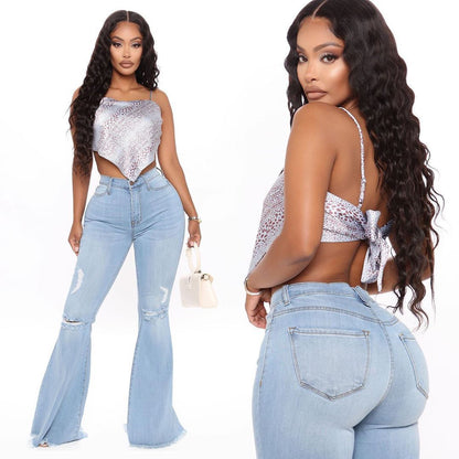 Women's Knee Hole Denim Flared Pants - CHRISTDEST GLOBAL SERVICE