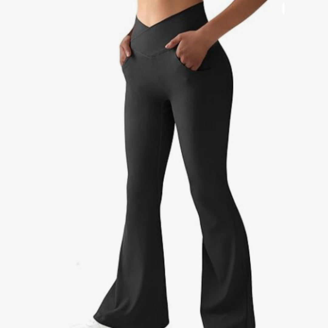 Women's Rib Cross Yoga Belt Pocket High Waist Flared Pants - CHRISTDEST GLOBAL SERVICE