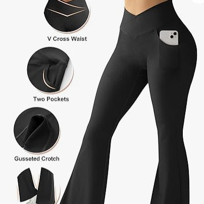 Women's Rib Cross Yoga Belt Pocket High Waist Flared Pants - CHRISTDEST GLOBAL SERVICE