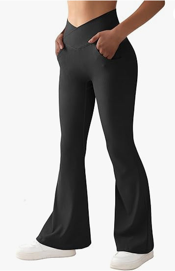 Women's Rib Cross Yoga Belt Pocket High Waist Flared Pants - CHRISTDEST GLOBAL SERVICE
