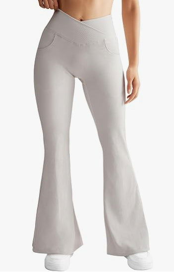 Women's Rib Cross Yoga Belt Pocket High Waist Flared Pants - CHRISTDEST GLOBAL SERVICE