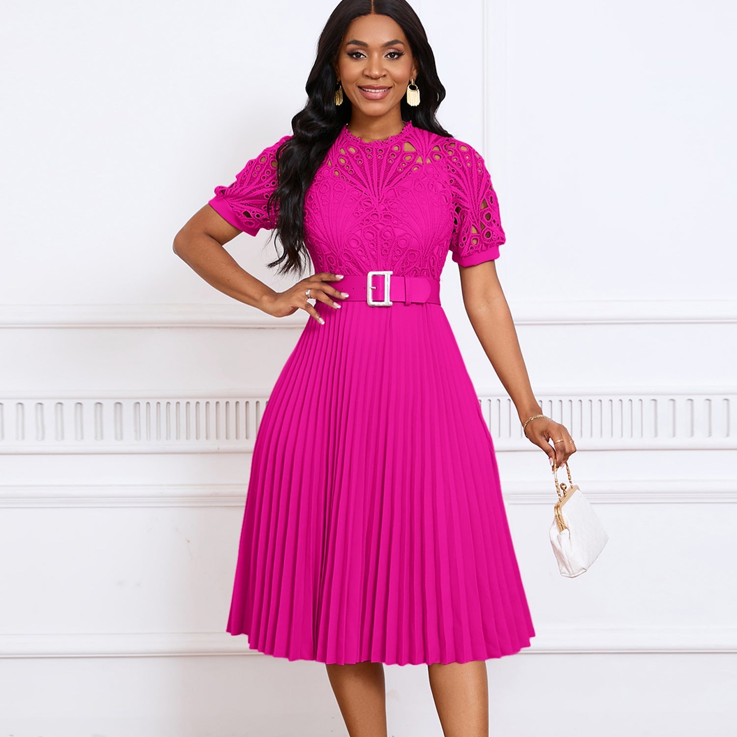 Women's Short-sleeved Lace Stitching Pleated Dress - CHRISTDEST GLOBAL SERVICE