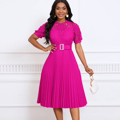 Women's Short-sleeved Lace Stitching Pleated Dress - CHRISTDEST GLOBAL SERVICE