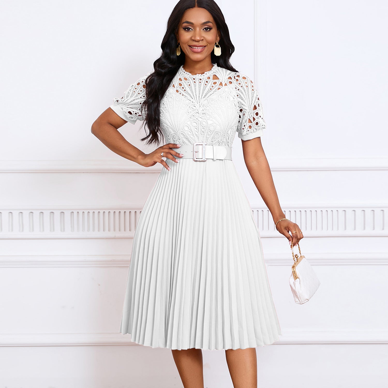 Women's Short-sleeved Lace Stitching Pleated Dress - CHRISTDEST GLOBAL SERVICE