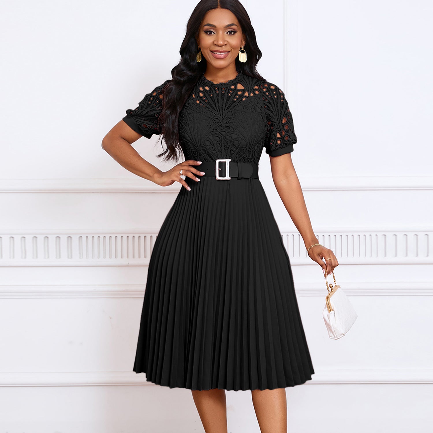 Women's Short-sleeved Lace Stitching Pleated Dress - CHRISTDEST GLOBAL SERVICE
