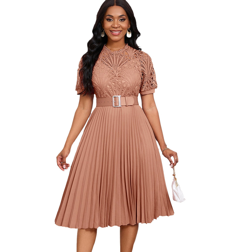 Women's Short-sleeved Lace Stitching Pleated Dress - CHRISTDEST GLOBAL SERVICE