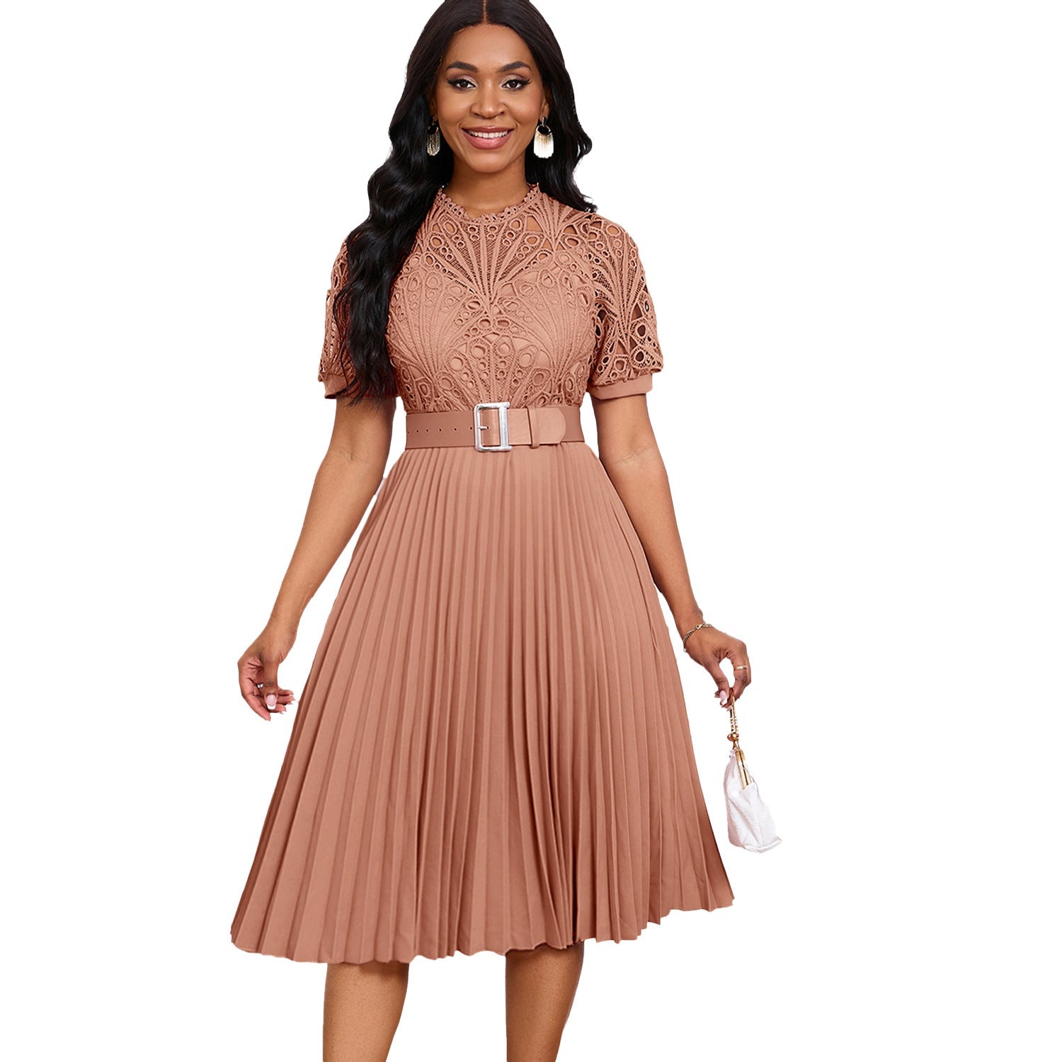 Women's Short-sleeved Lace Stitching Pleated Dress - CHRISTDEST GLOBAL SERVICE