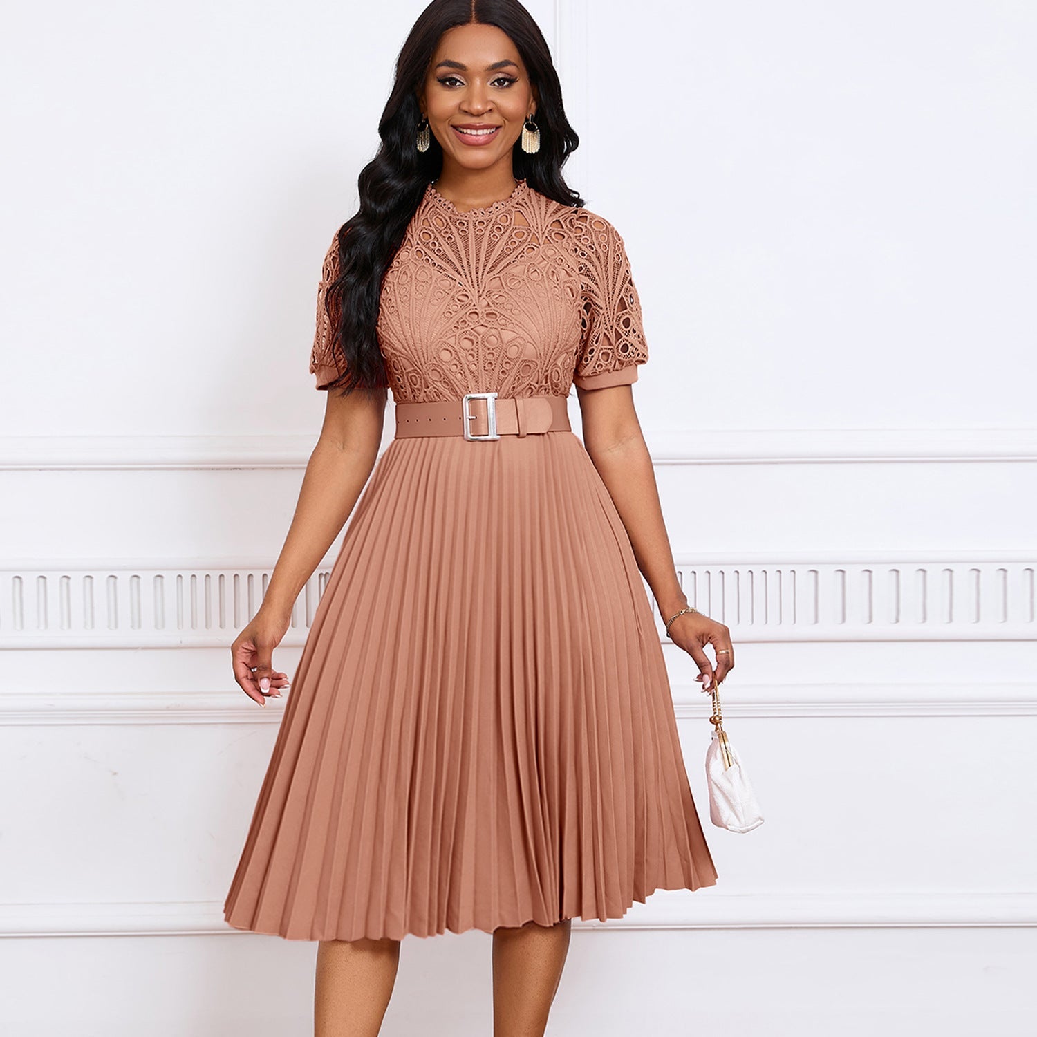 Women's Short-sleeved Lace Stitching Pleated Dress - CHRISTDEST GLOBAL SERVICE