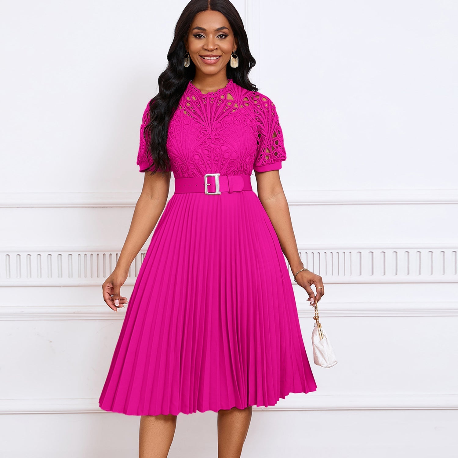 Women's Short-sleeved Lace Stitching Pleated Dress - CHRISTDEST GLOBAL SERVICE