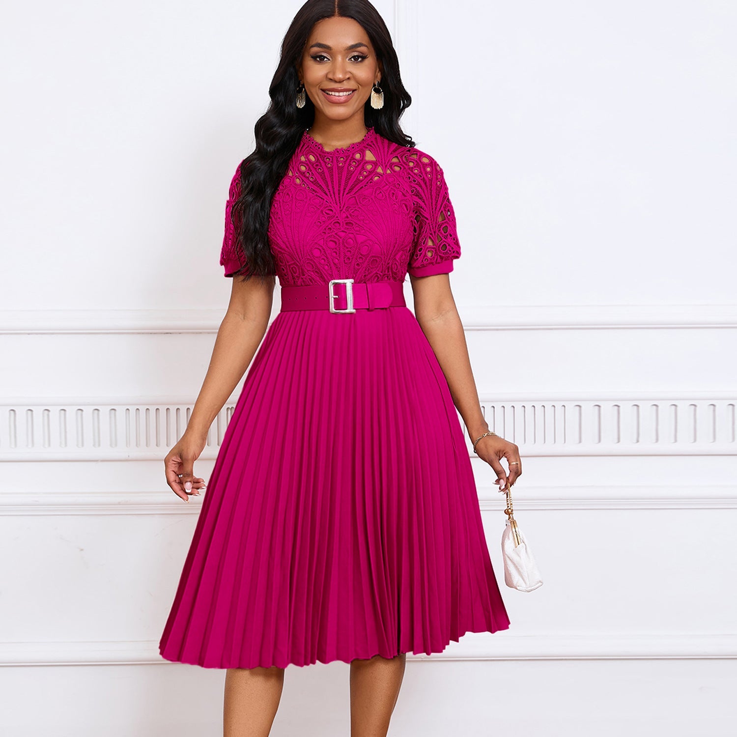 Women's Short-sleeved Lace Stitching Pleated Dress - CHRISTDEST GLOBAL SERVICE