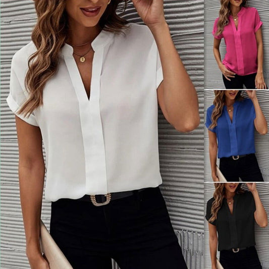 Women's Short-sleeved V-neck Shirt Summer Casual Solid Color Shirt Fashion Womens Clothing - CHRISTDEST GLOBAL SERVICE