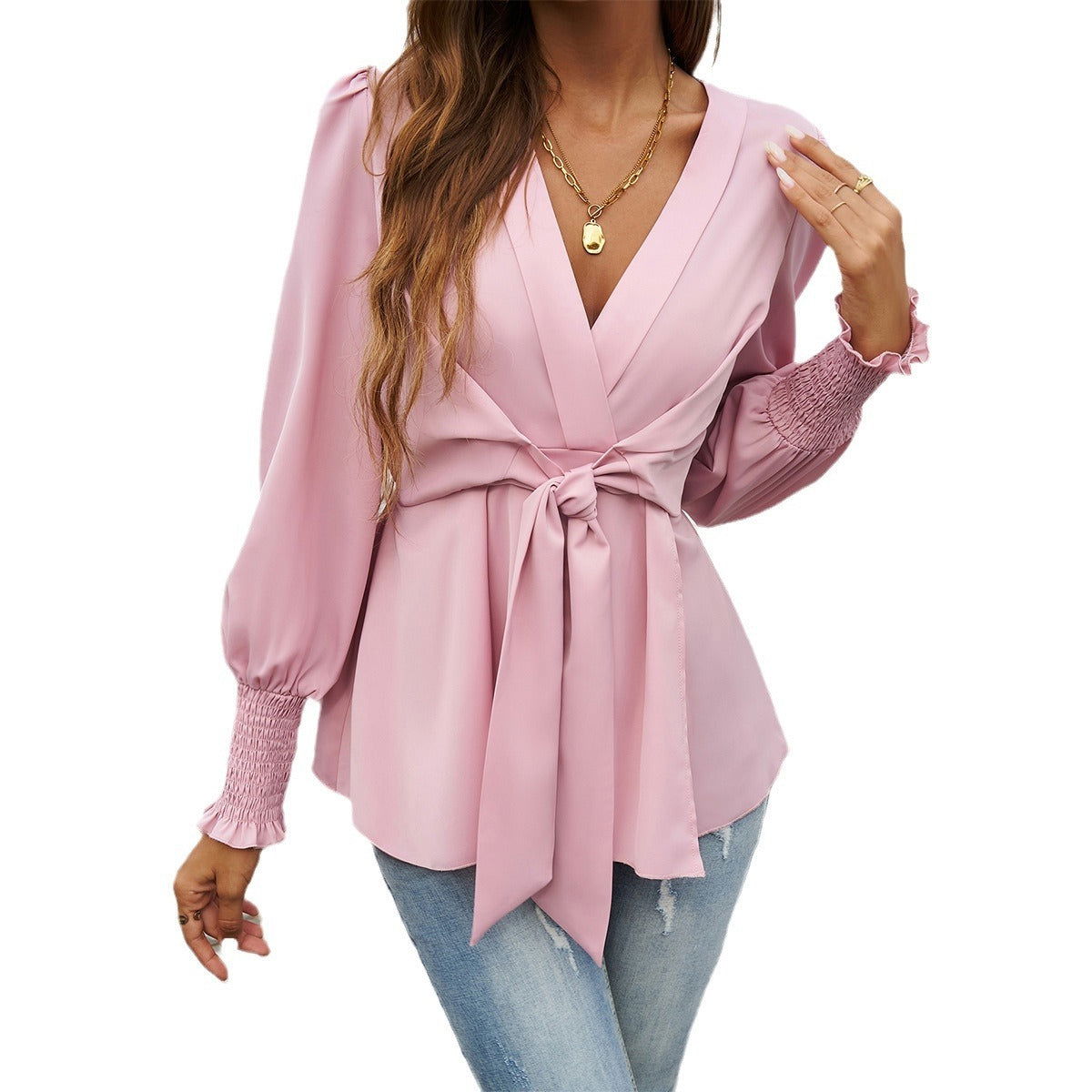 Women's autumn and winter temperament casual V-neck solid color long sleeved top - CHRISTDEST GLOBAL SERVICE