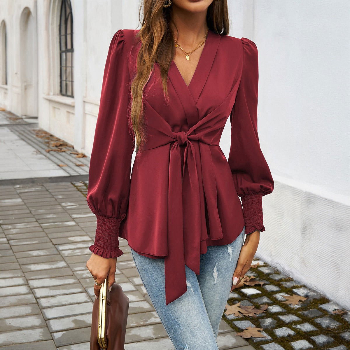 Women's autumn and winter temperament casual V-neck solid color long sleeved top - CHRISTDEST GLOBAL SERVICE