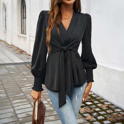 Women's autumn and winter temperament casual V-neck solid color long sleeved top - CHRISTDEST GLOBAL SERVICE