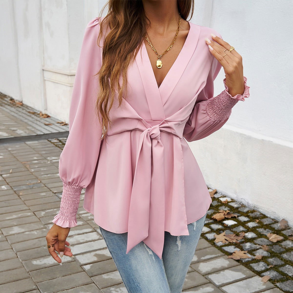 Women's autumn and winter temperament casual V-neck solid color long sleeved top - CHRISTDEST GLOBAL SERVICE