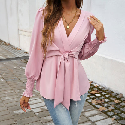 Women's autumn and winter temperament casual V-neck solid color long sleeved top - CHRISTDEST GLOBAL SERVICE