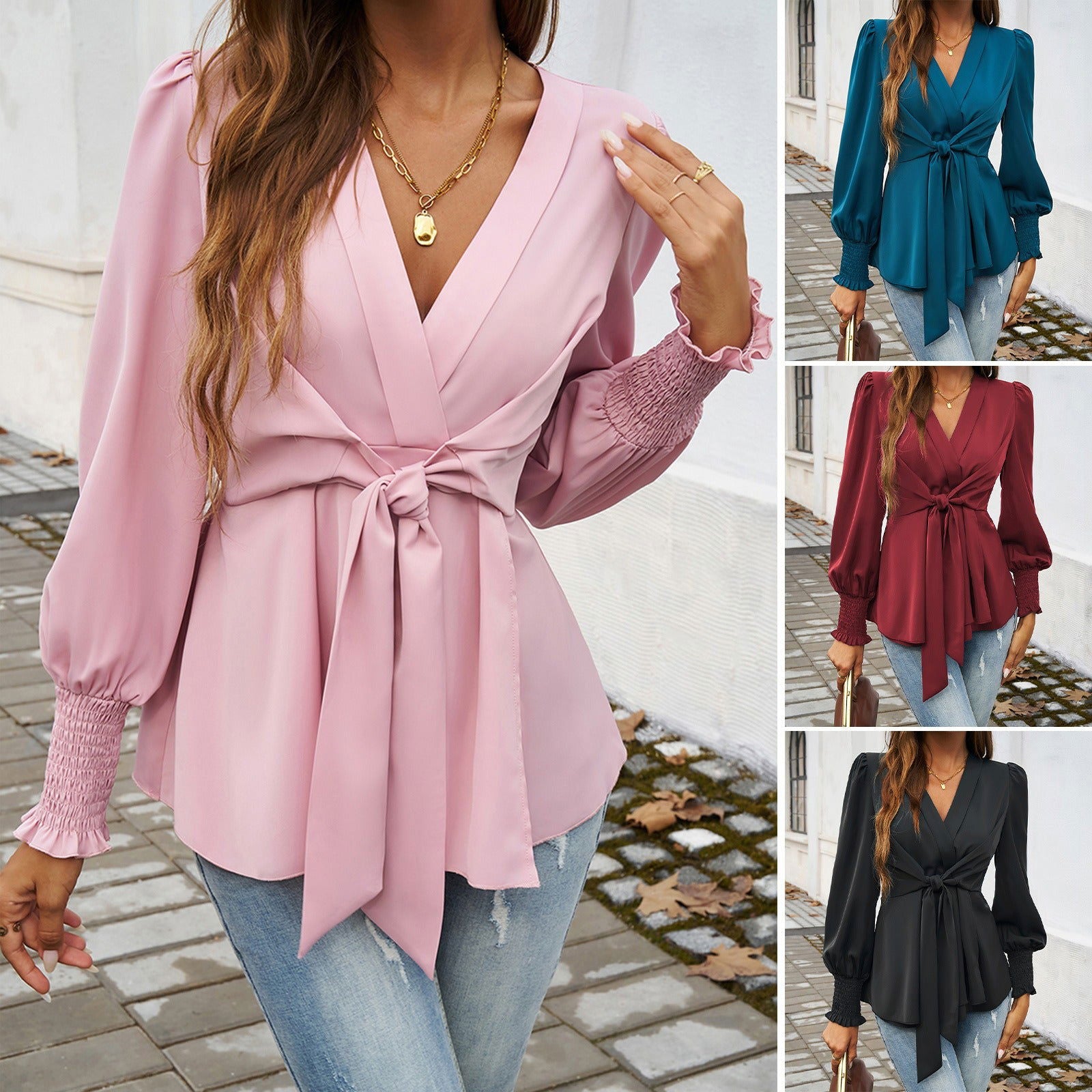 Women's autumn and winter temperament casual V-neck solid color long sleeved top - CHRISTDEST GLOBAL SERVICE