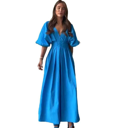 Women's fashionable solid color sexy deep V-neck waist slimming long skirt dress for women - CHRISTDEST GLOBAL SERVICE
