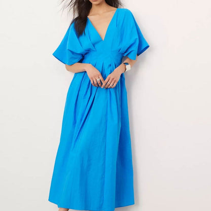 Women's fashionable solid color sexy deep V-neck waist slimming long skirt dress for women - CHRISTDEST GLOBAL SERVICE
