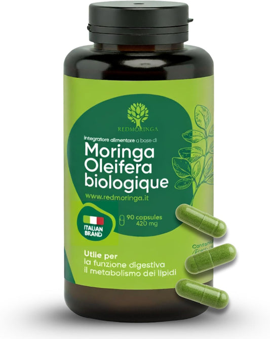 Moringa Bio | La Seule Moringa Biologique Produite En Italie | Véganes Sans Additifs | Super Antioxydant Riche En Vitamines Et Protéines Végétales | Haute Qualité  | 90 Gélules