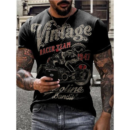 Motorcycle Vintage Classic 3D Harajuku Print Men's Punk Tough Guy Street Hip Hop Crew Neck Short Sleeve Summer Loose T-shirt Top - CHRISTDEST GLOBAL SERVICE